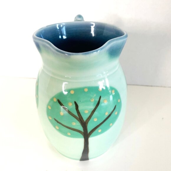 Studio Art Pottery Pitcher Hand Painted Tree with Bird on Handle Celadon Color - Picture 3 of 10